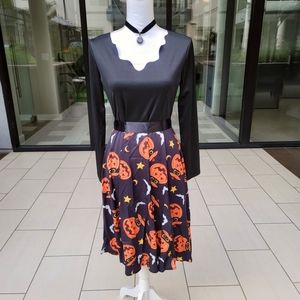 LITTLE BLACK HALLOWEEN DRESS | Pumpkin Pattern Bottom Black Ribbon Belt Dress M